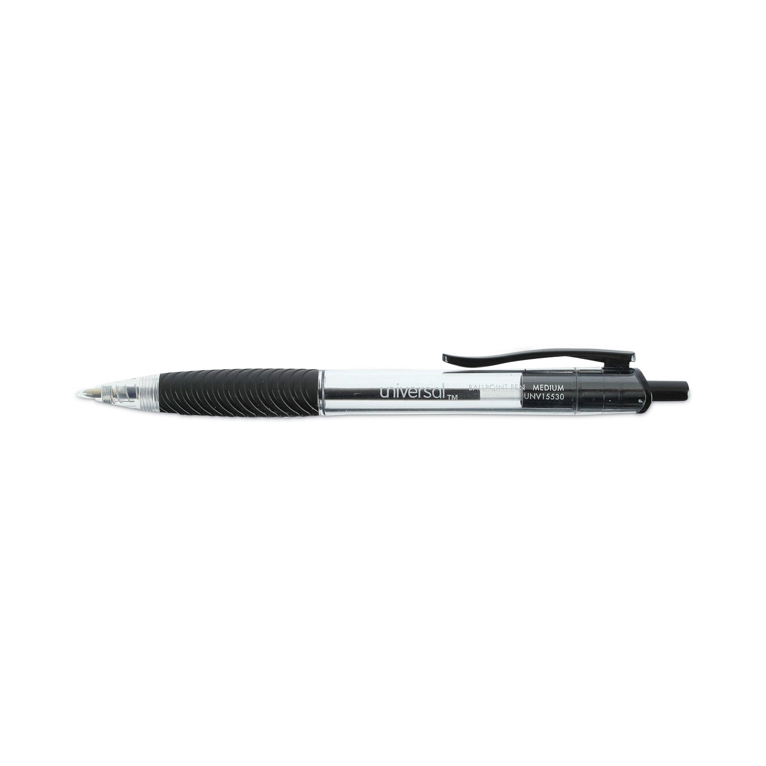 Universal Comfort Grip Ballpoint Pen, Retractable, Medium 1 mm, Black Ink, Clear/Black Barrel, 48/Pack (15533)