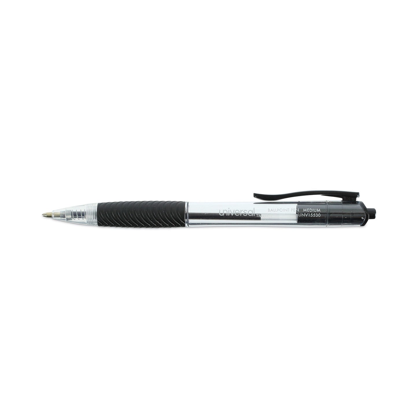 Universal Comfort Grip Ballpoint Pen, Retractable, Medium 1 mm, Black Ink, Clear/Black Barrel, 48/Pack (15533)