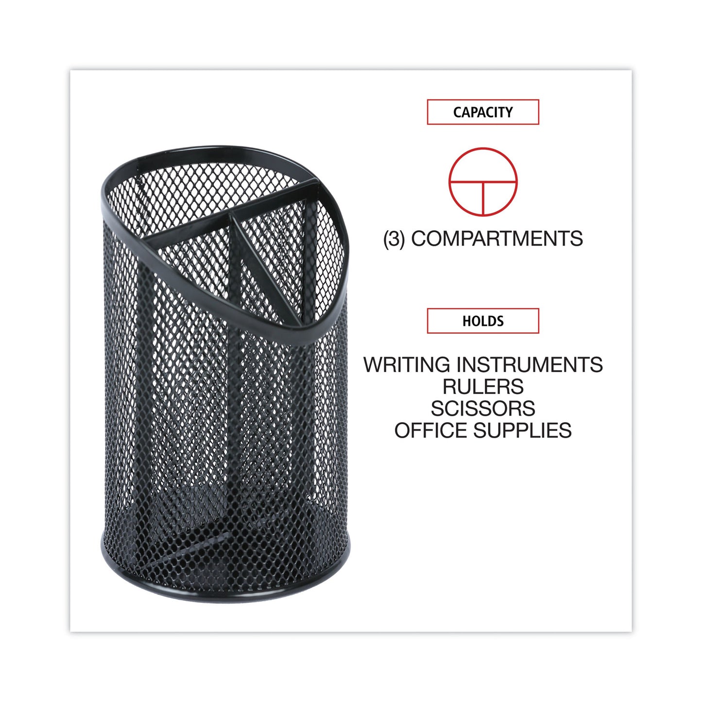 Universal Metal Mesh 3-Compartment Pencil Cup, 4.13" Diameter x 6"h, Black (20019)