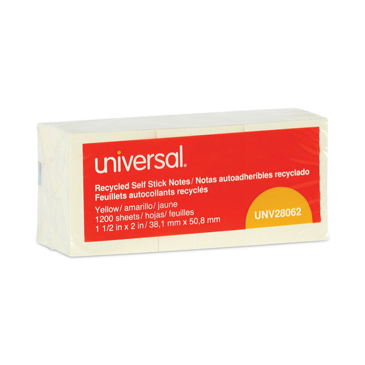 Universal Recycled Self-Stick Note Pads, 1.5" x 2", Yellow, 100 Sheets/Pad, 12 Pads/Pack (28062)