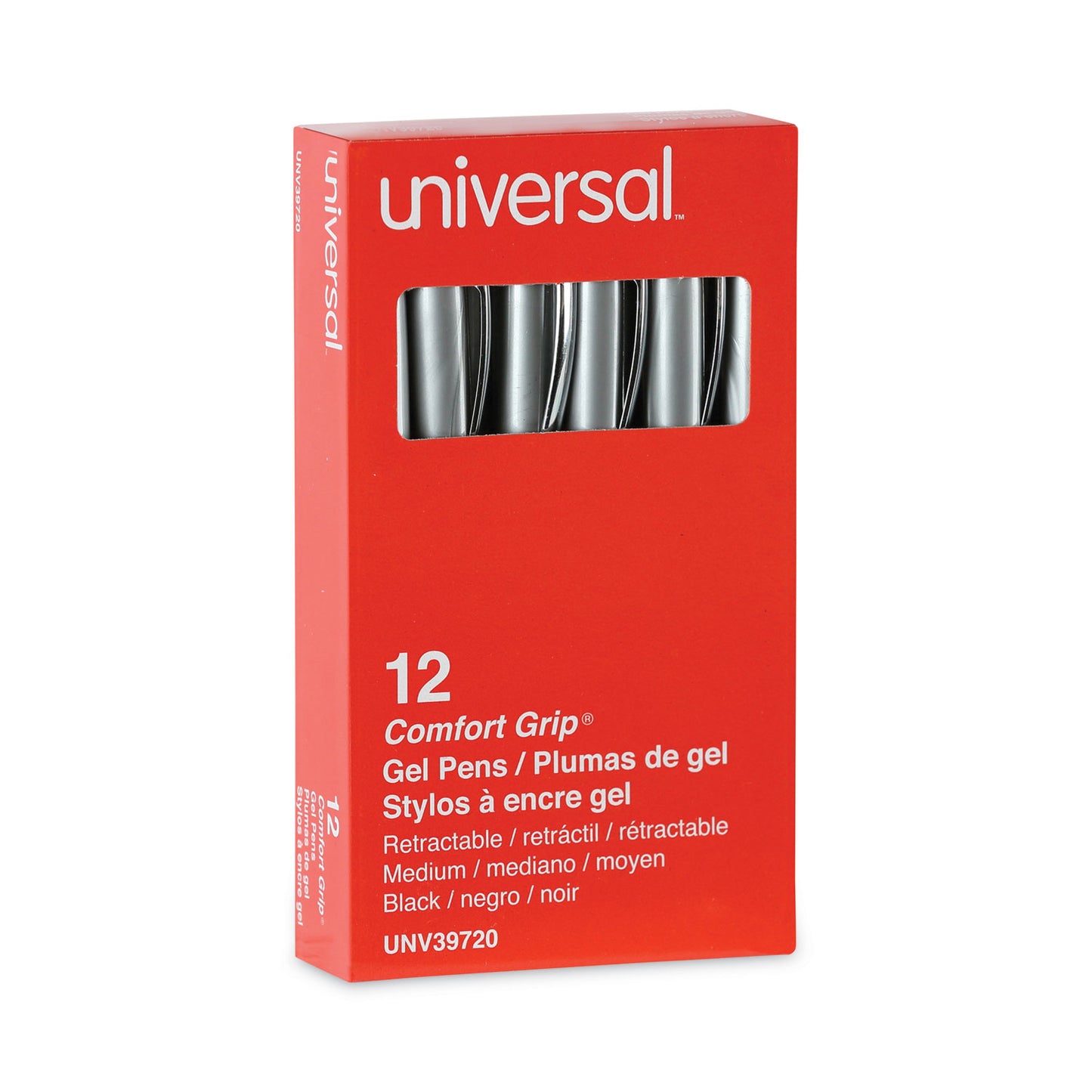 Universal Comfort Grip Gel Pen, Retractable, Medium 0.7 mm, Black Ink, Gray/Black/Silver Barrel, Dozen (39720)