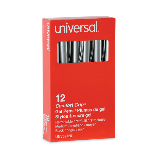 Universal Comfort Grip Gel Pen, Retractable, Medium 0.7 mm, Black Ink, Gray/Black/Silver Barrel, Dozen (39720)