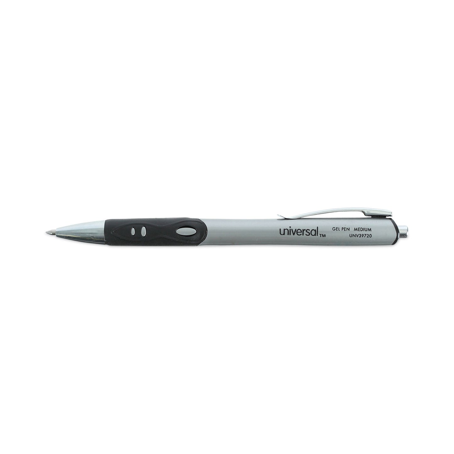 Universal Comfort Grip Gel Pen, Retractable, Medium 0.7 mm, Black Ink, Gray/Black/Silver Barrel, Dozen (39720)