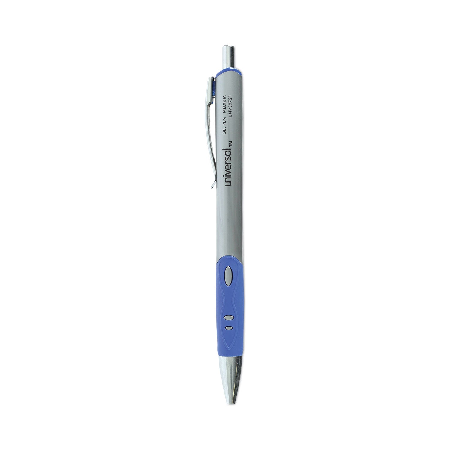 Universal Comfort Grip Gel Pen, Retractable, Medium 0.7 mm, Blue Ink, Gray/Blue/Silver Barrel, Dozen (39721)