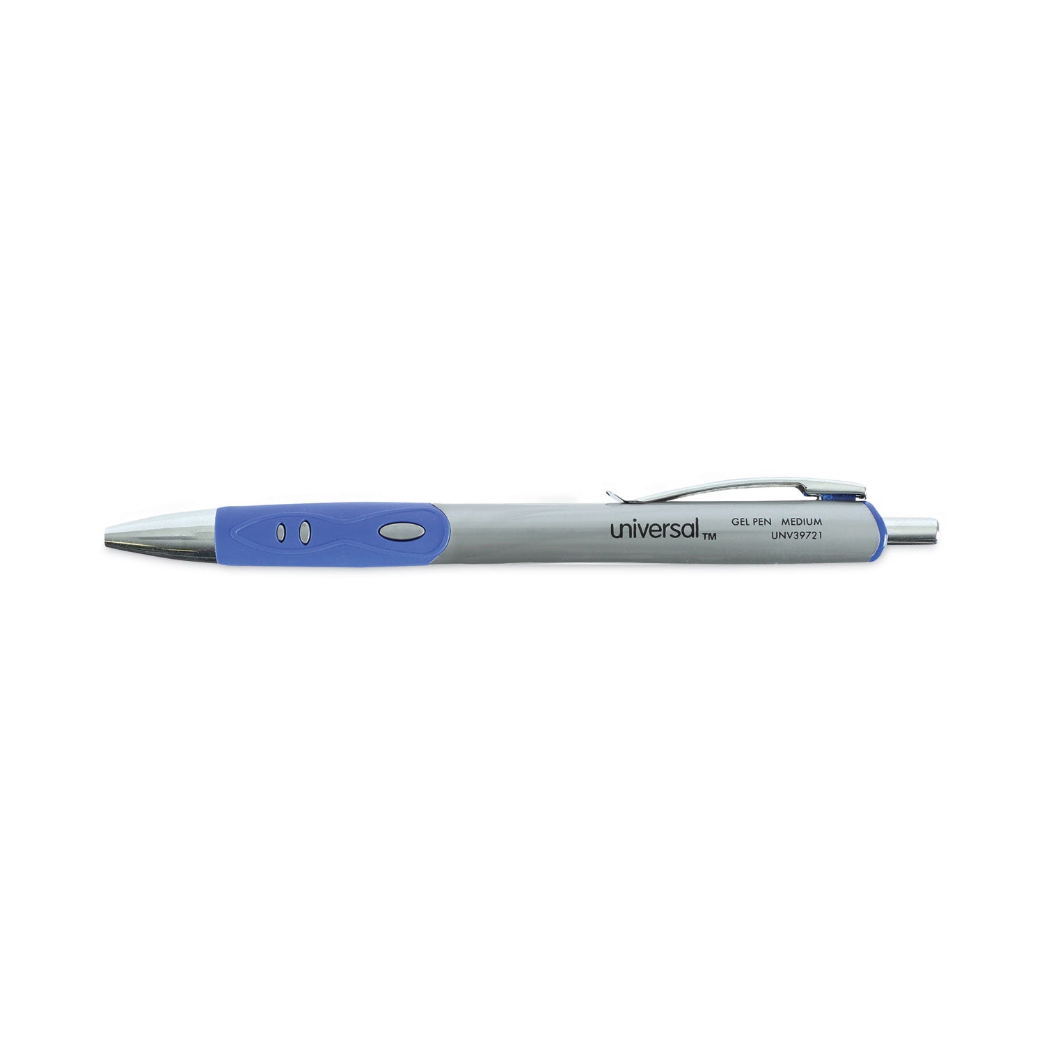 Universal Comfort Grip Gel Pen, Retractable, Medium 0.7 mm, Blue Ink, Gray/Blue/Silver Barrel, Dozen (39721)