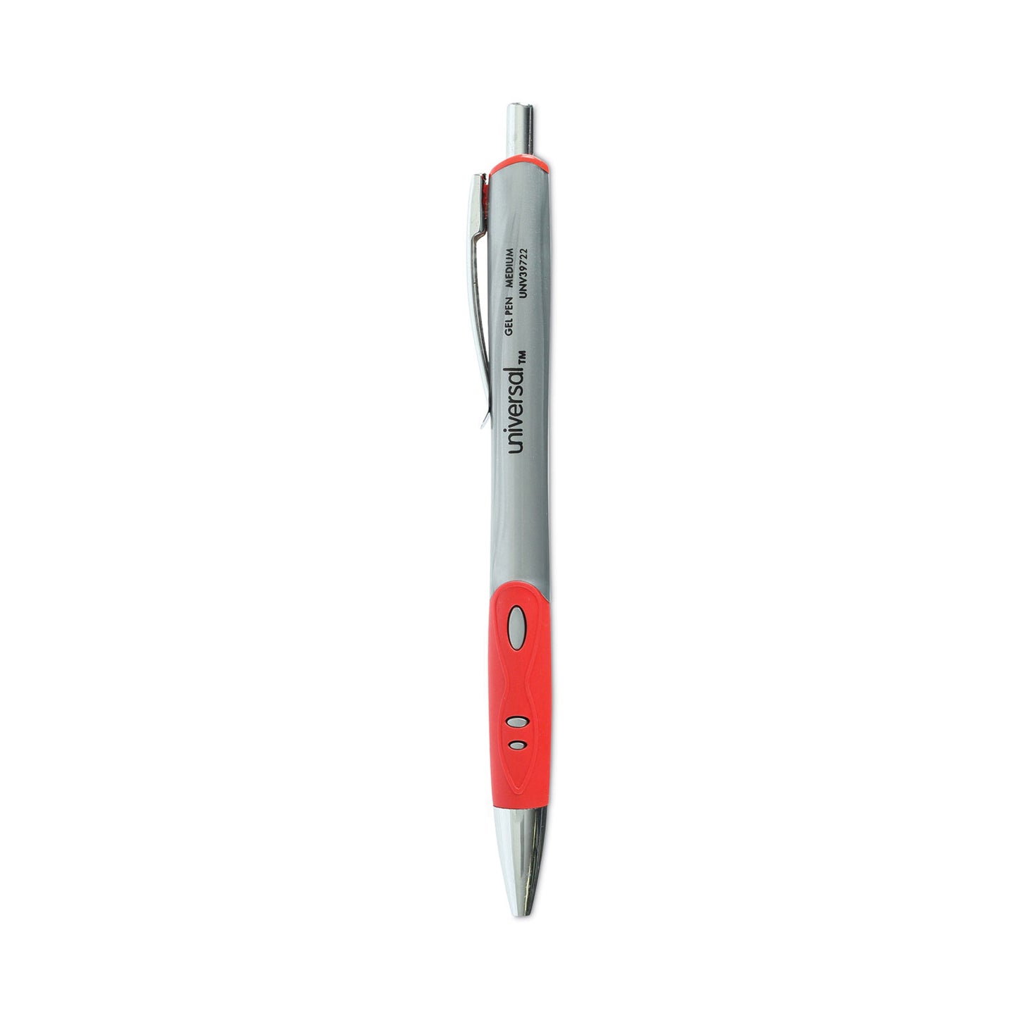 Universal Comfort Grip Gel Pen, Retractable, Medium 0.7 mm, Red Ink, Gray/Red/Silver Barrel, Dozen (39722)