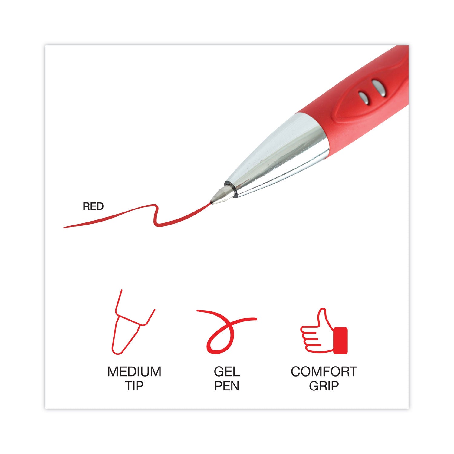 Universal Comfort Grip Gel Pen, Retractable, Medium 0.7 mm, Red Ink, Gray/Red/Silver Barrel, Dozen (39722)