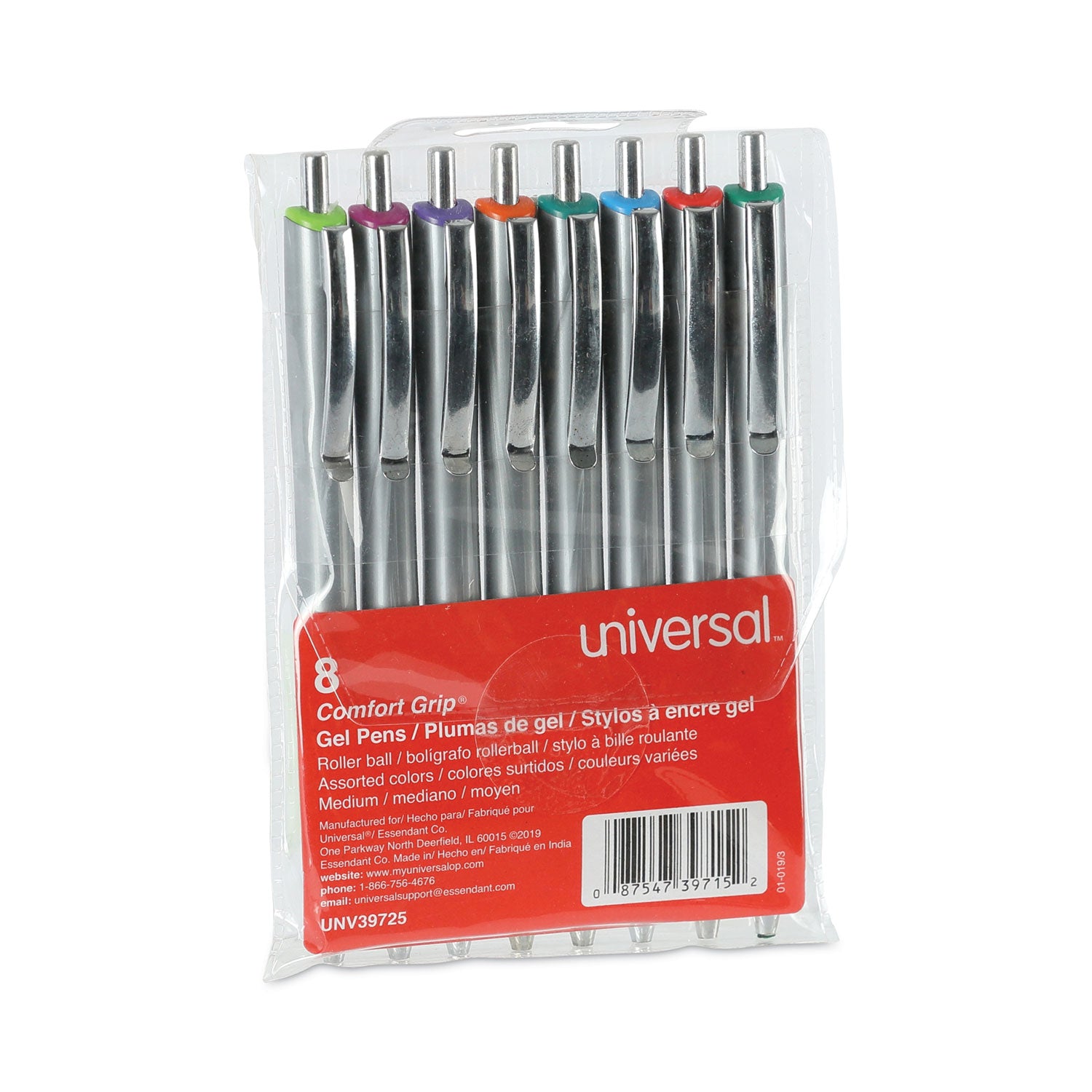 Universal Comfort Grip Gel Pen, Retractable, Medium 0.7 mm, Assorted Ink and Barrel Colors, 8/Pack (39725)