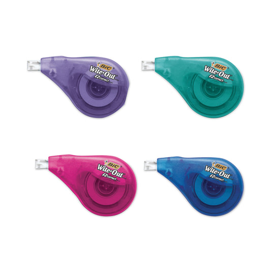 BIC Wite-Out EZ Correct Correction Tape, Non-Refillable, Randomly Assorted Applicator Colors, 0.17" x 400", 4/Pack (WOTAPP418)