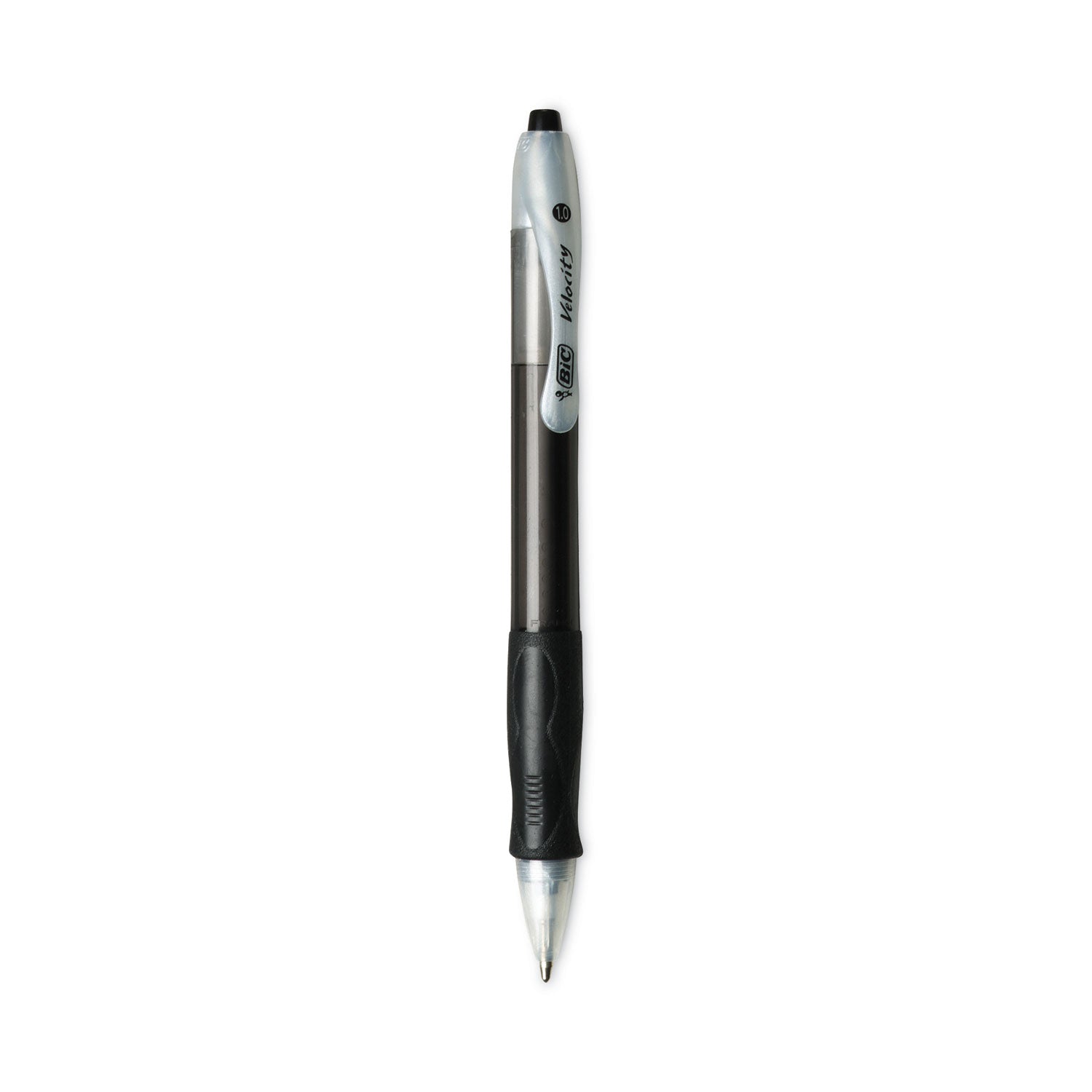 BIC Velocity Easy Glide Ballpoint Pen, Retractable, Medium 1 mm, Black Ink, Translucent Black Barrel, Dozen (VLG11BK)