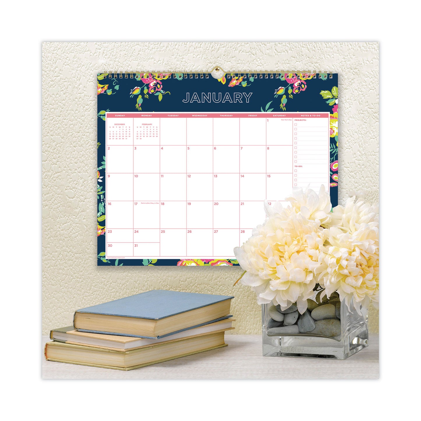 Blue Sky Day Designer Peyton Wall Calendar, Floral Artwork, 15 x 12, White/Navy Sheets, 12-Month (Jan to Dec): 2025 (103627)