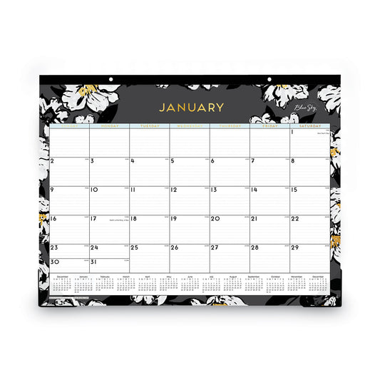 Blue Sky Baccara Dark Desk Pad, Floral Artwork, 22 x 17, White/Black/Gold Sheets, Black Binding, 12-Month (Jan to Dec): 2025 (110215)