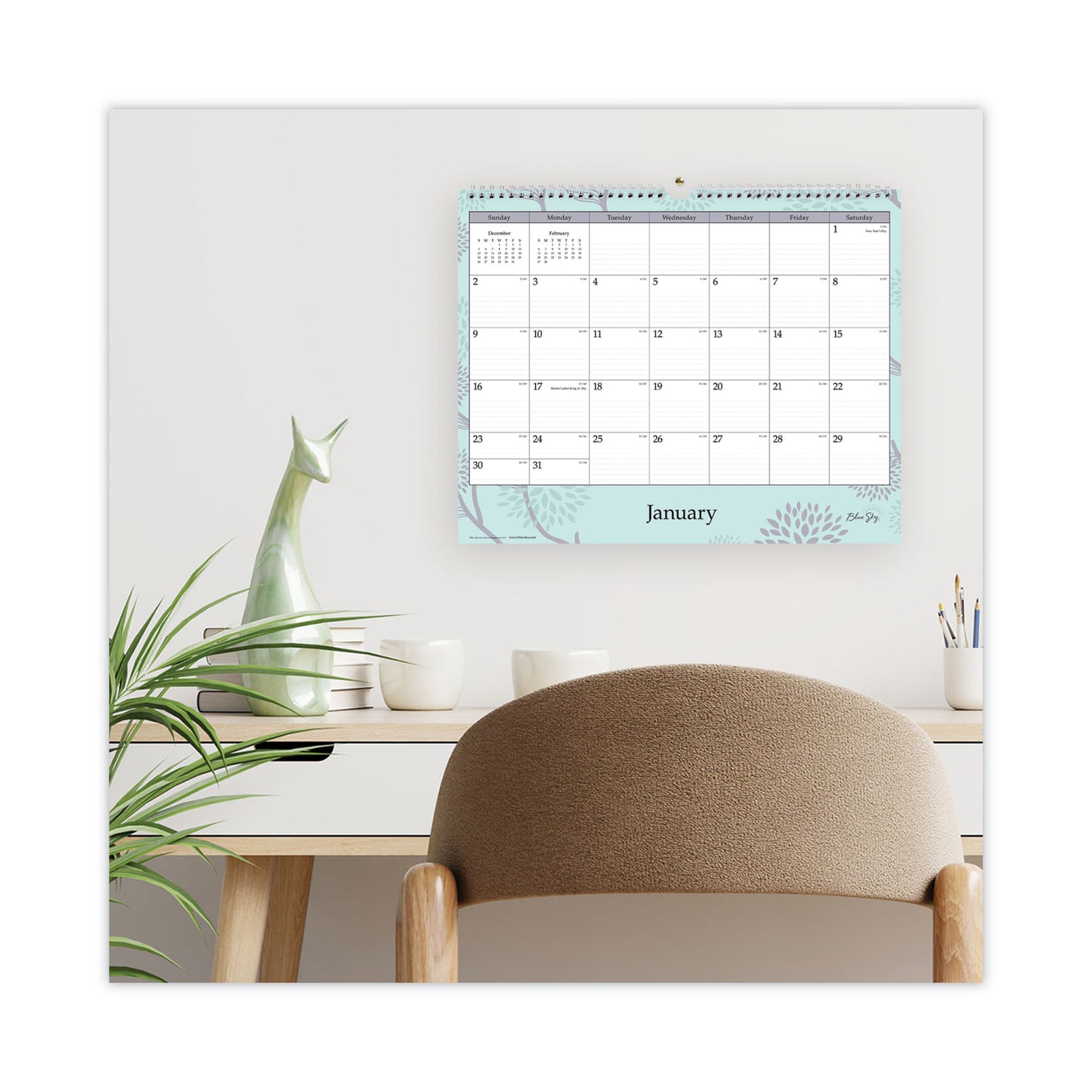 Blue Sky Rue Du Flore Wall Calendar, Floral Artwork, 12 x 15, White/Jade/Lavender Sheets, 12-Month (Jan to Dec): 2025 (101611)