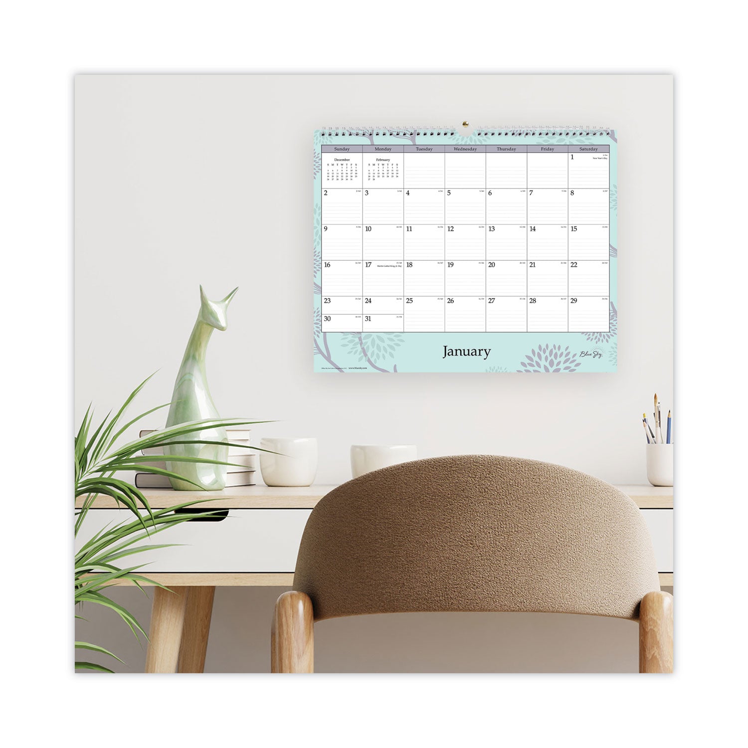 Blue Sky Rue Du Flore Wall Calendar, Floral Artwork, 12 x 15, White/Jade/Lavender Sheets, 12-Month (Jan to Dec): 2025 (101611)