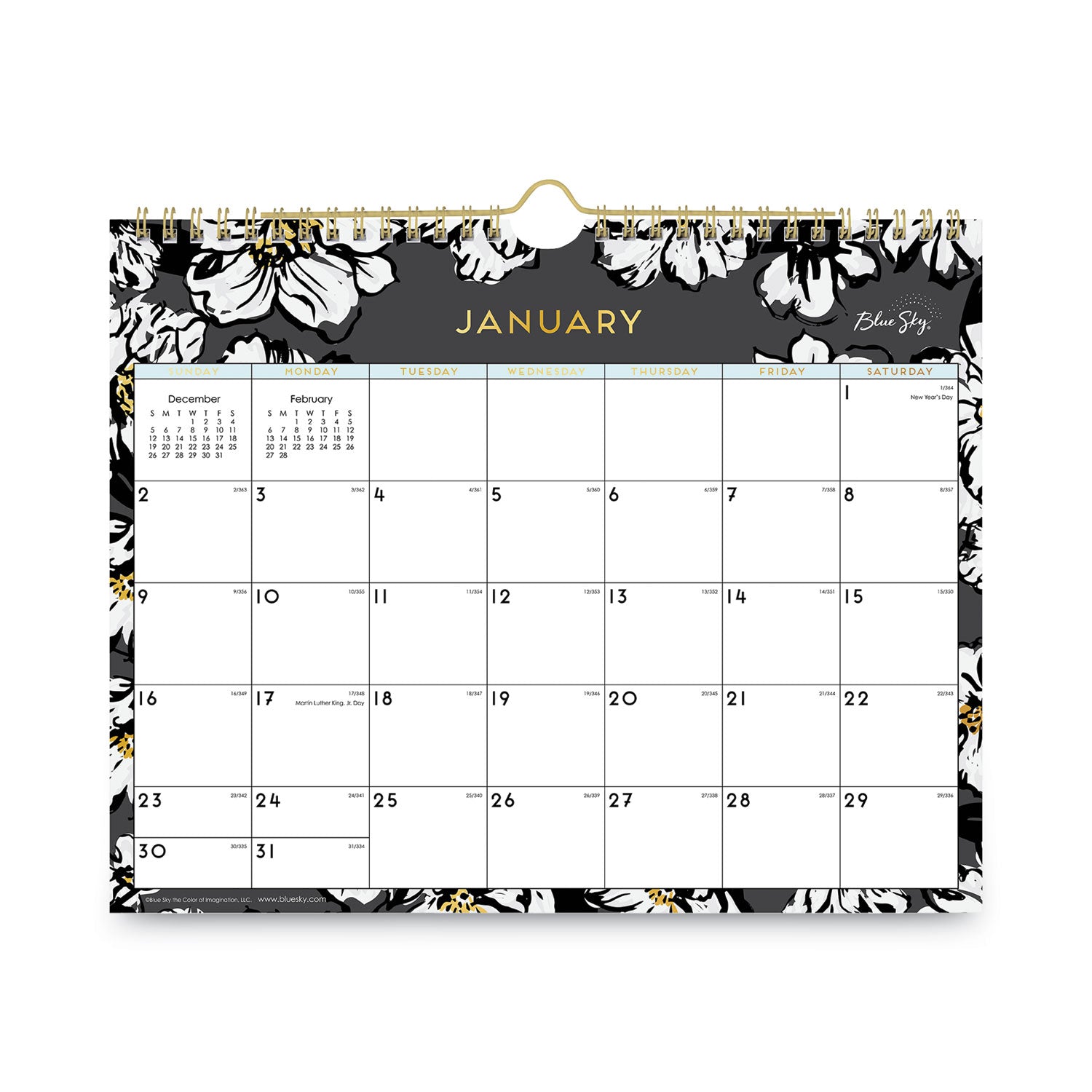 Blue Sky Baccara Dark Wall Calendar, Floral Artwork, 11 x 8.75, White/Black/Gold Sheets, 12-Month (Jan to Dec): 2025 (116052)