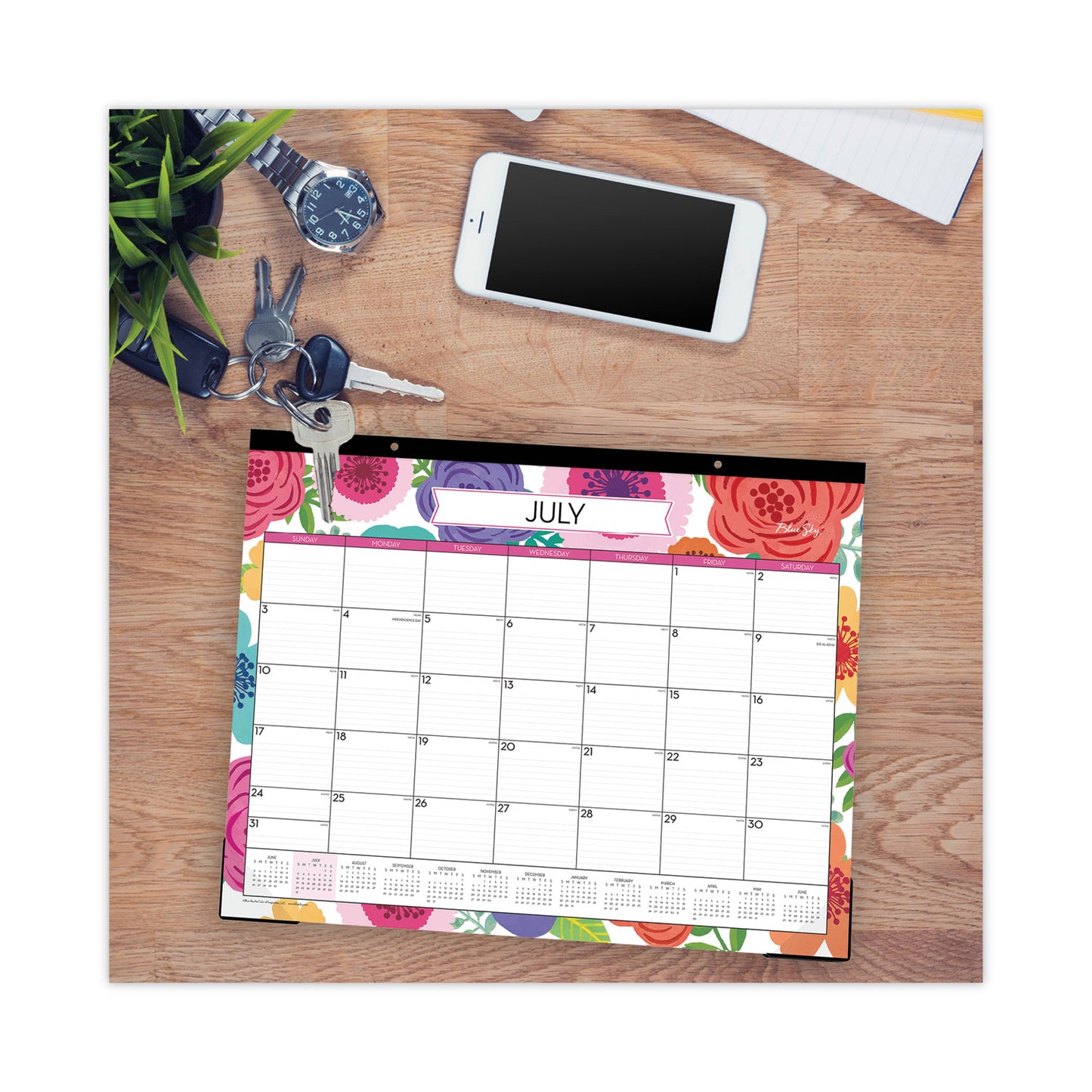 Blue Sky Mahalo Academic Desk Pad, Floral Artwork, 22 x 17, Black Binding, Clear Corners, 12-Month (July to June): 2024 to 2025 (100157)
