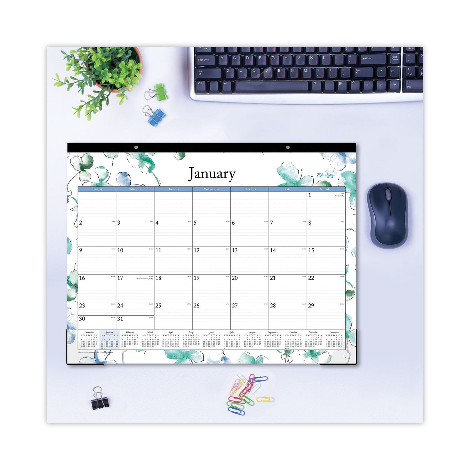 Blue Sky Lindley Desk Pad, Floral Artwork, 22 x 17, White/Blue/Green Sheets, Black Binding, Clear Corners, 12-Month (Jan to Dec): 2025 (100018)