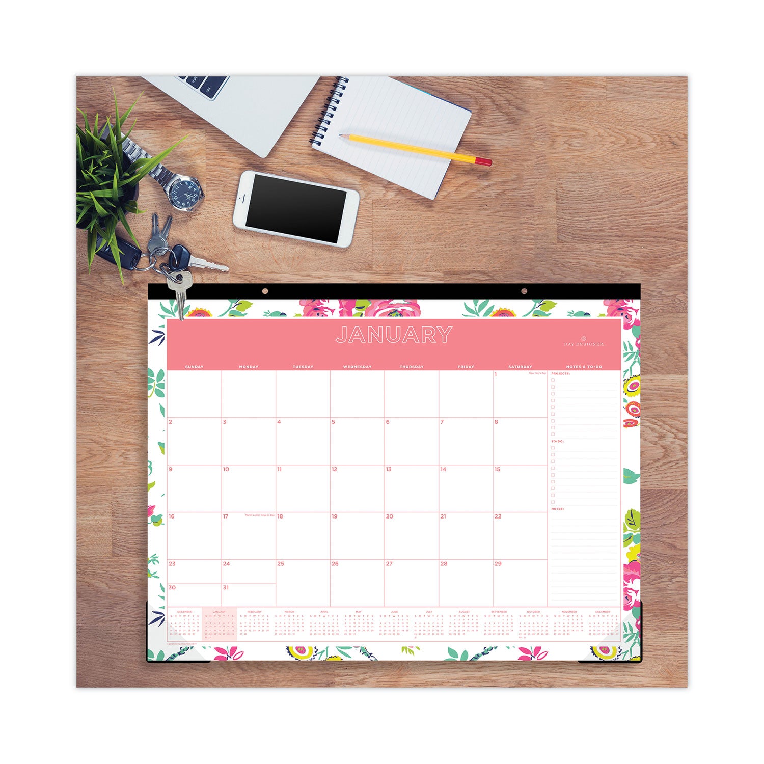 Blue Sky Day Designer Peyton Desk Pad Calendar, Floral Artwork, 22 x 17, Black Binding, Clear Corners, 12-Month (Jan to Dec): 2025 (103631)