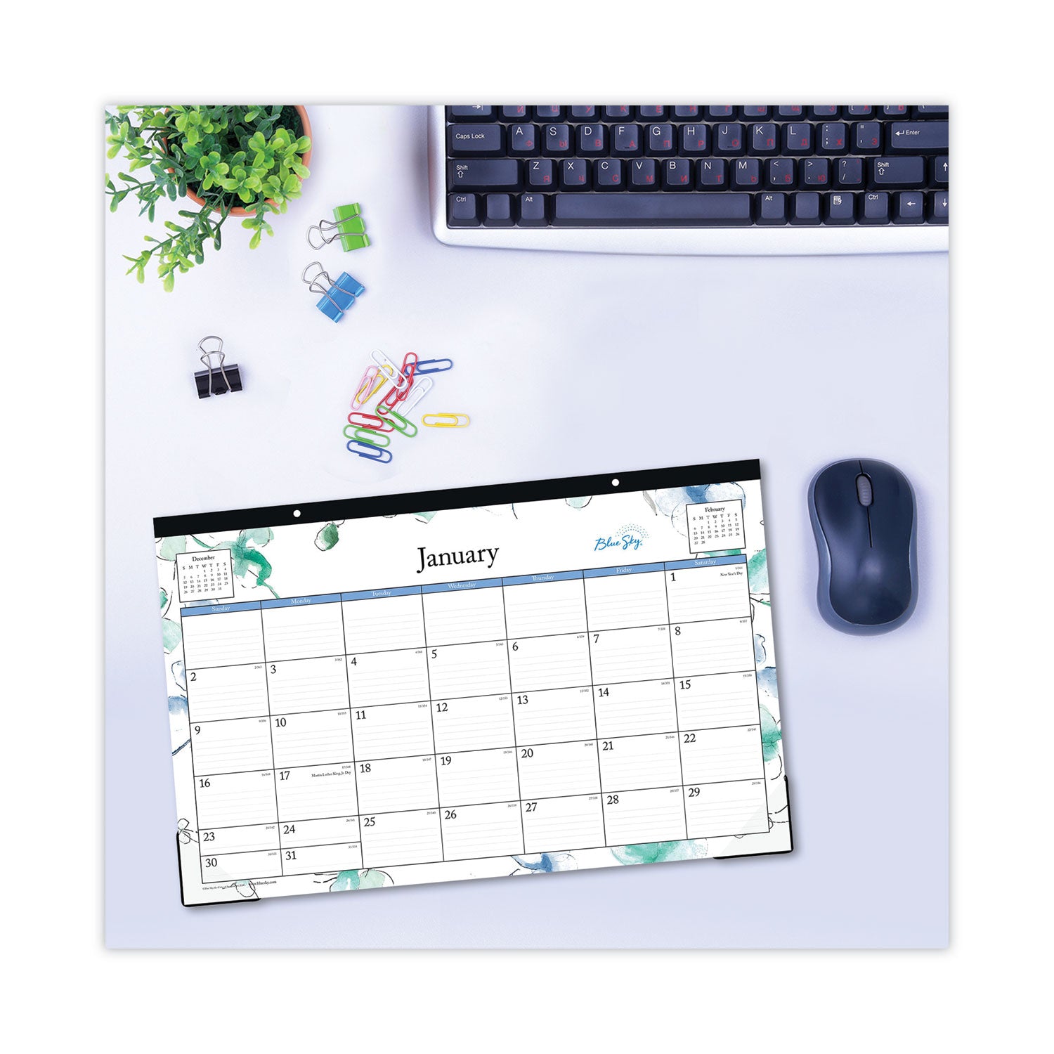 Blue Sky Lindley Desk Pad, Floral Artwork, 17 x 11, White/Blue/Green Sheets, Black Binding, Clear Corners, 12-Month (Jan to Dec): 2025 (100024)