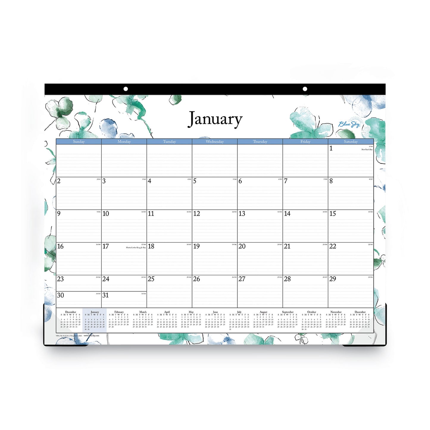 Blue Sky Lindley Desk Pad, Floral Artwork, 22 x 17, White/Blue/Green Sheets, Black Binding, Clear Corners, 12-Month (Jan to Dec): 2025 (100018)