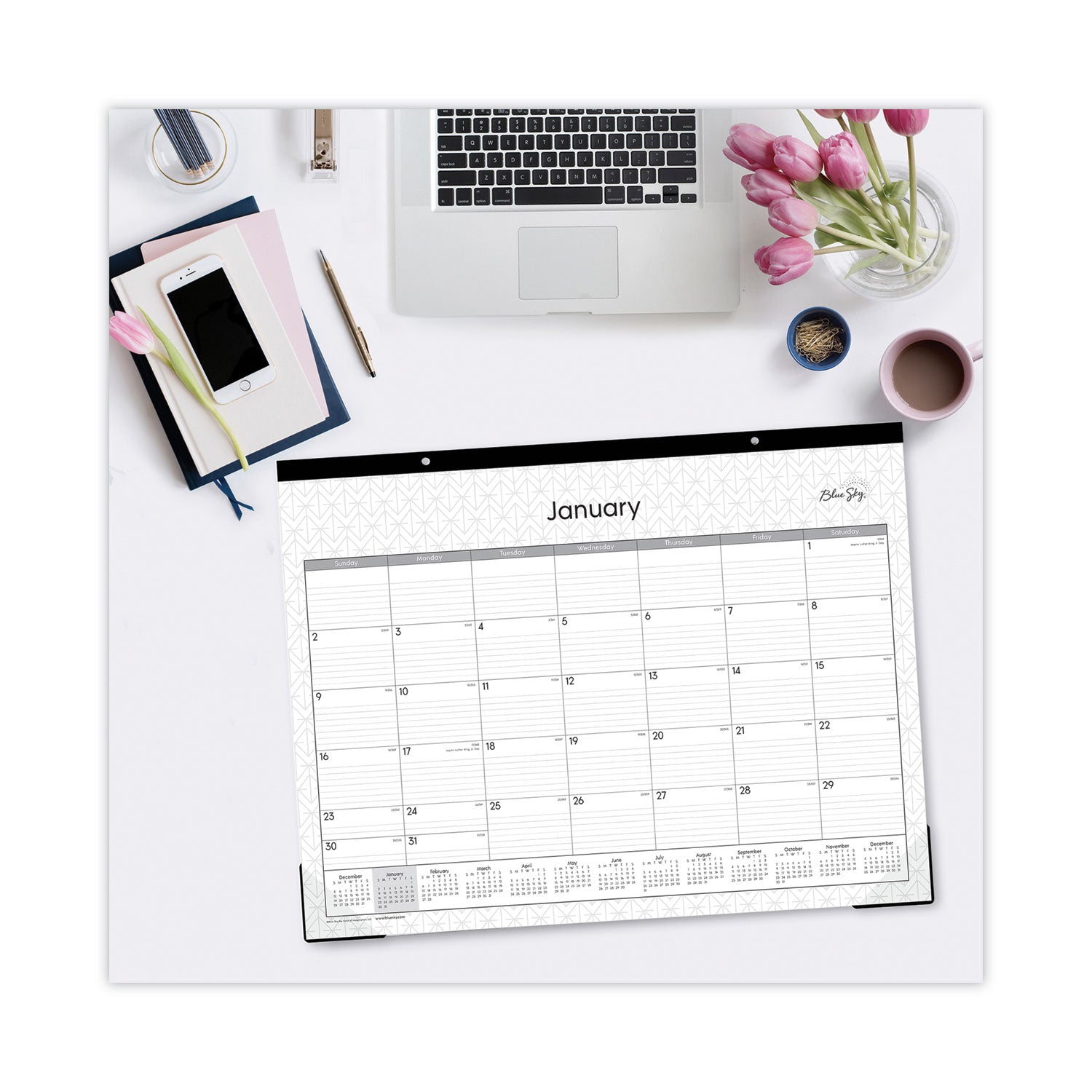 Blue Sky Enterprise Desk Pad, Geometric Artwork, 22 x 17, White/Gray Sheets, Black Binding, Clear Corners, 12-Month (Jan to Dec): 2025 (111294)