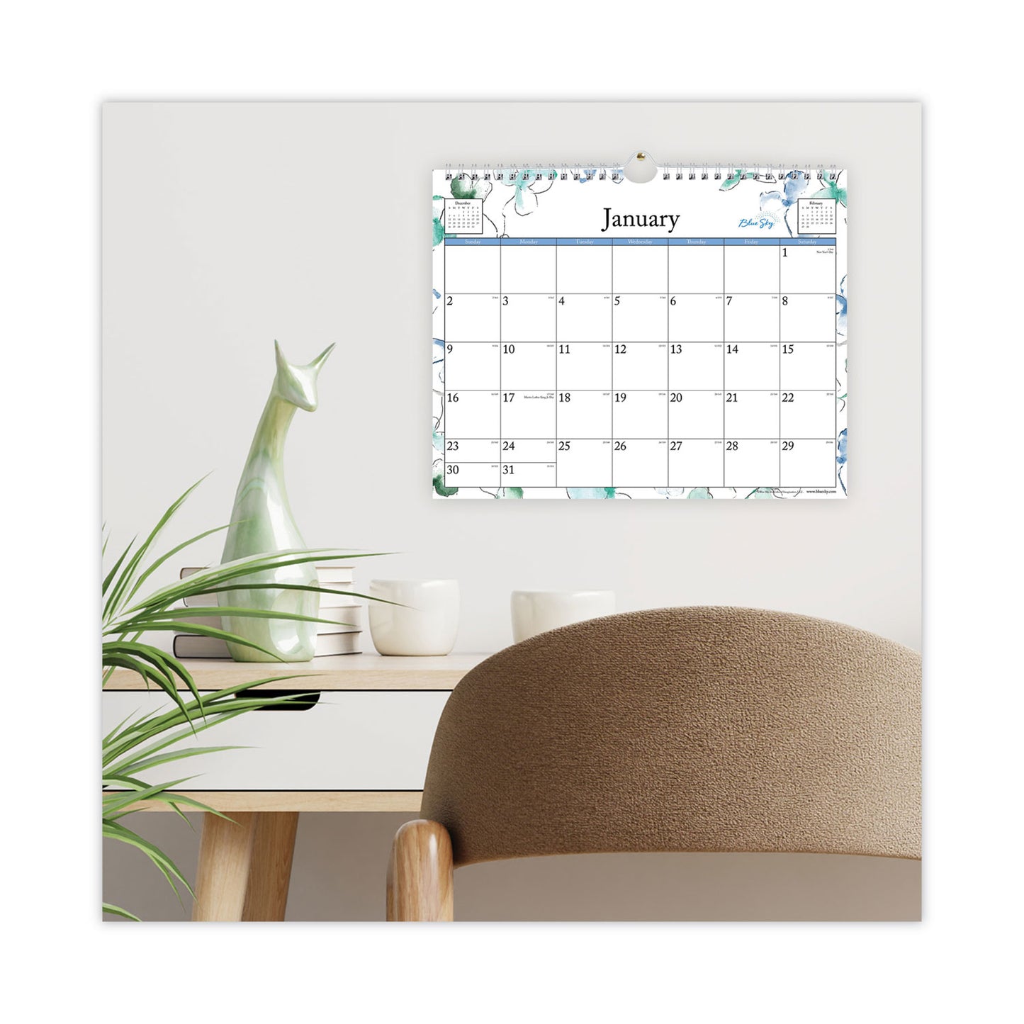 Blue Sky Lindley Wall Calendar, Floral Artwork, 11 x 8.75, White/Multicolor Sheets, 12-Month (Jan to Dec): 2025 (101593)
