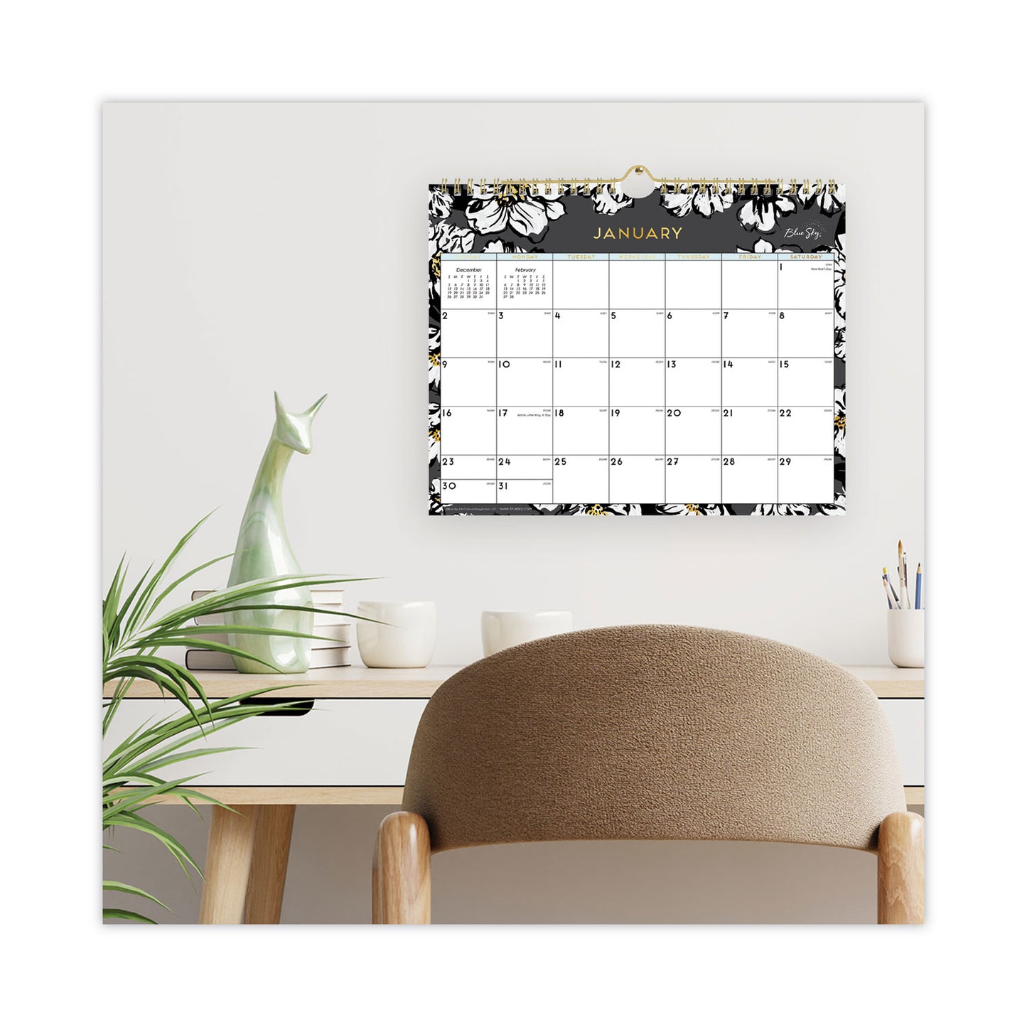 Blue Sky Baccara Dark Wall Calendar, Floral Artwork, 11 x 8.75, White/Black/Gold Sheets, 12-Month (Jan to Dec): 2025 (116052)