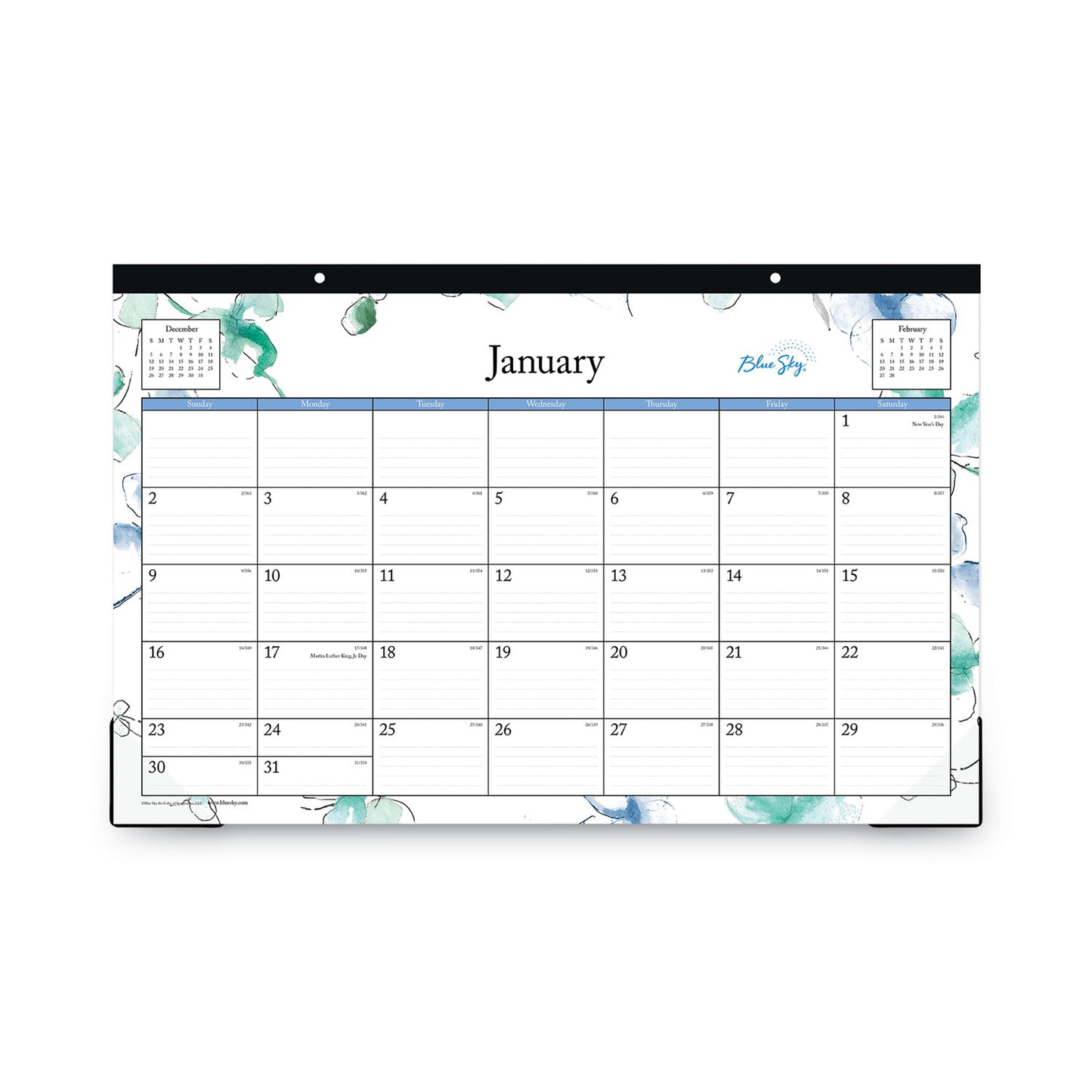 Blue Sky Lindley Desk Pad, Floral Artwork, 17 x 11, White/Blue/Green Sheets, Black Binding, Clear Corners, 12-Month (Jan to Dec): 2025 (100024)