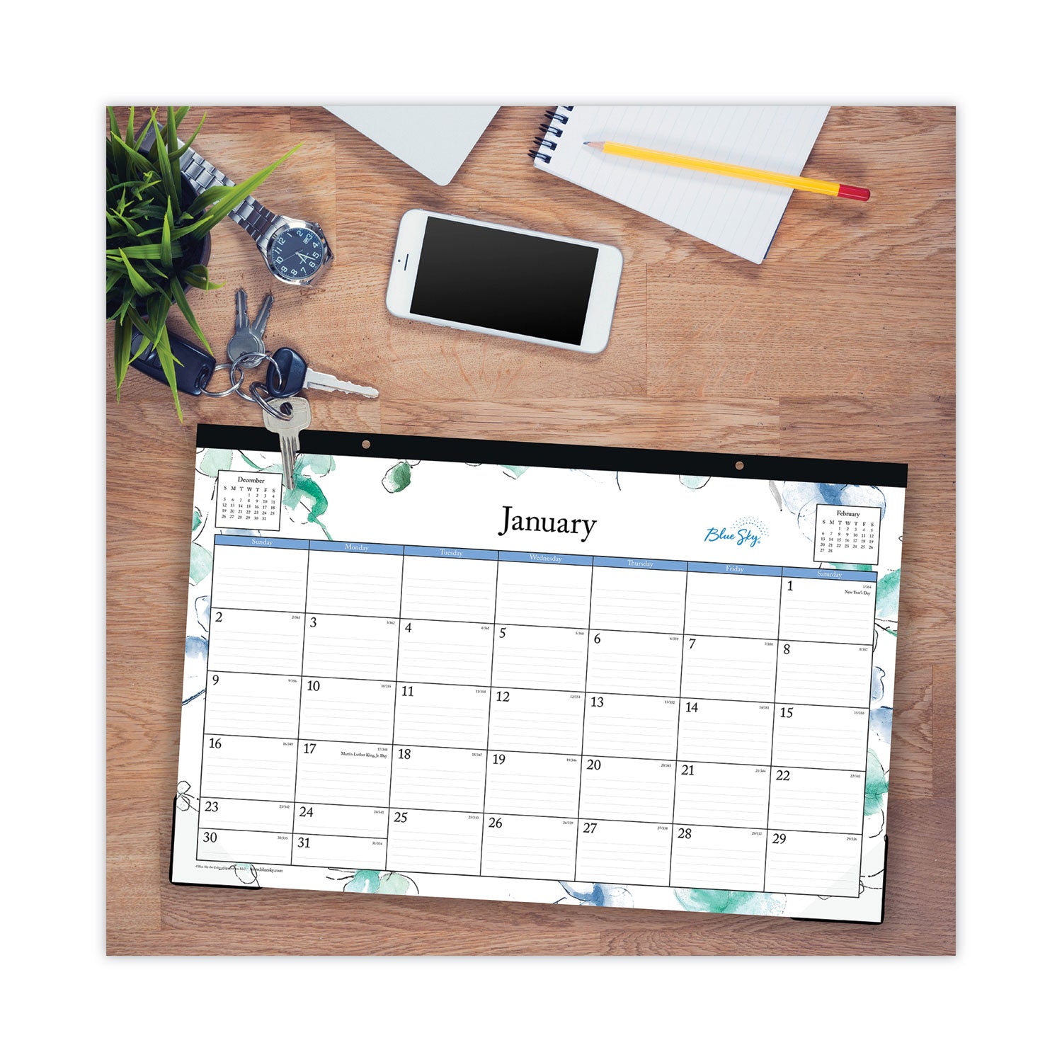 Blue Sky Lindley Desk Pad, Floral Artwork, 17 x 11, White/Blue/Green Sheets, Black Binding, Clear Corners, 12-Month (Jan to Dec): 2025 (100024)