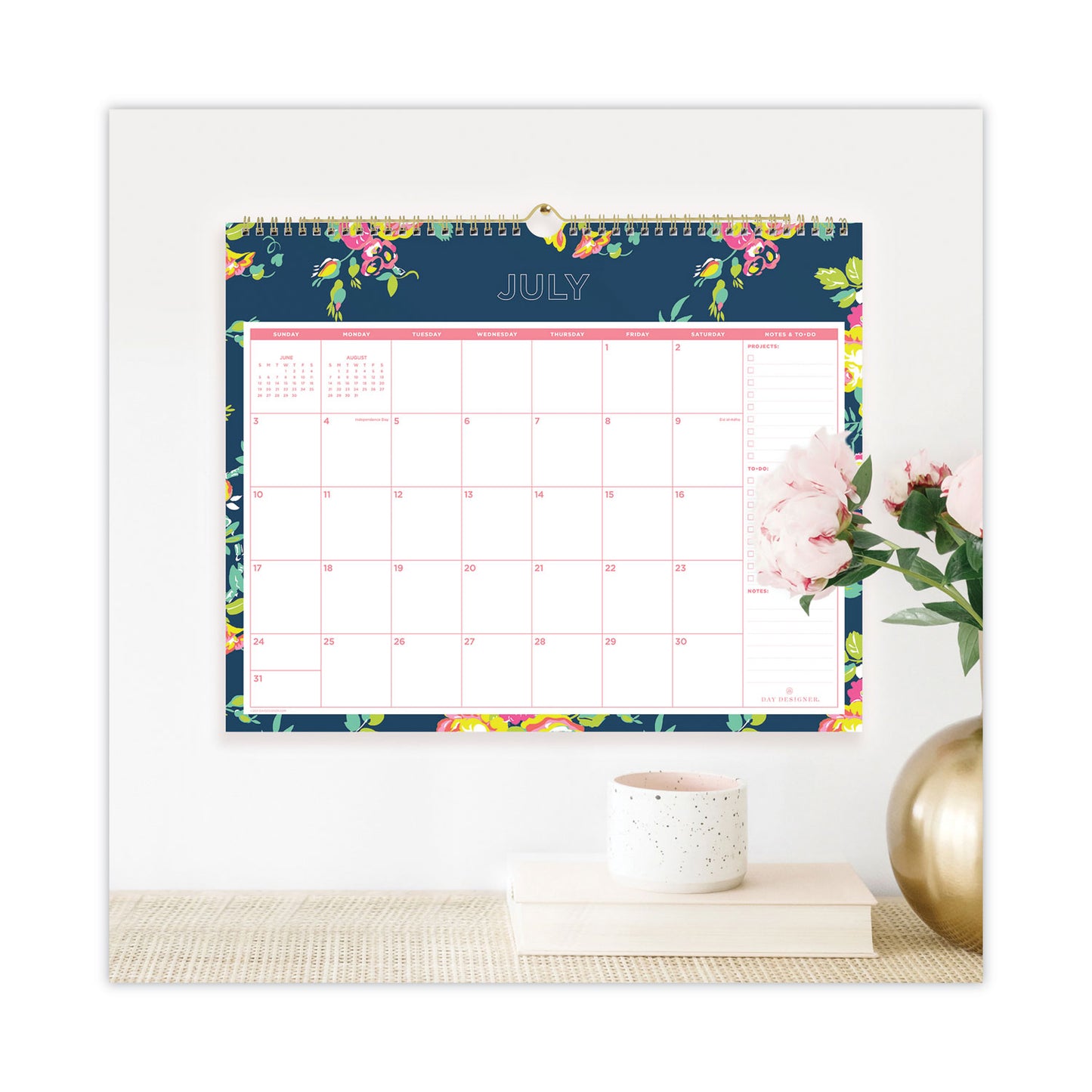 Blue Sky Day Designer Peyton Academic Wall Calendar, Floral Artwork, 15 x 12, White/Navy Sheets, 12-Month (July to June): 2024 to 2025 (107934)