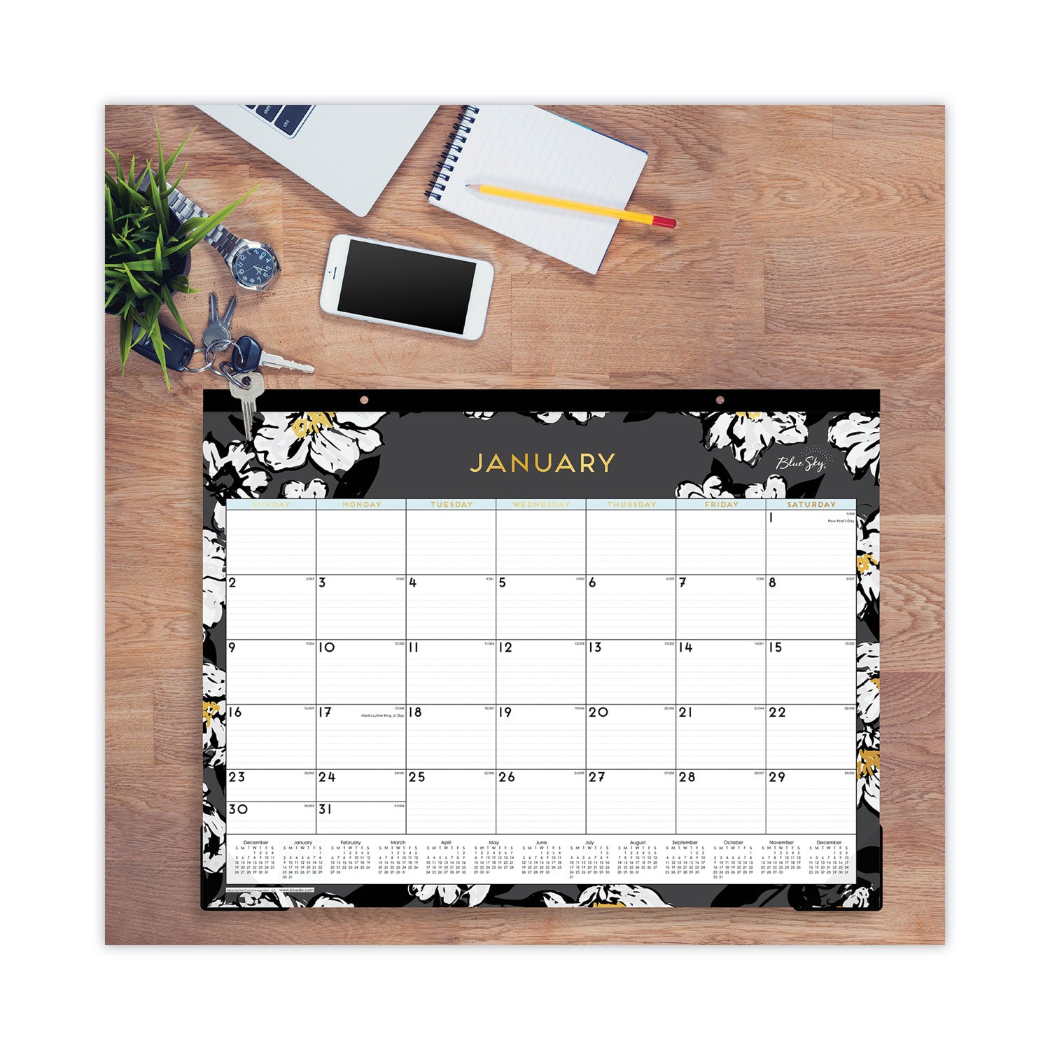 Blue Sky Baccara Dark Desk Pad, Floral Artwork, 22 x 17, White/Black/Gold Sheets, Black Binding, 12-Month (Jan to Dec): 2025 (110215)
