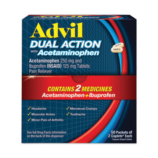 Advil Dual Action with Acetaminophen and Ibuprofen Caplets, 50 Packets of 2 Caplets (014795)