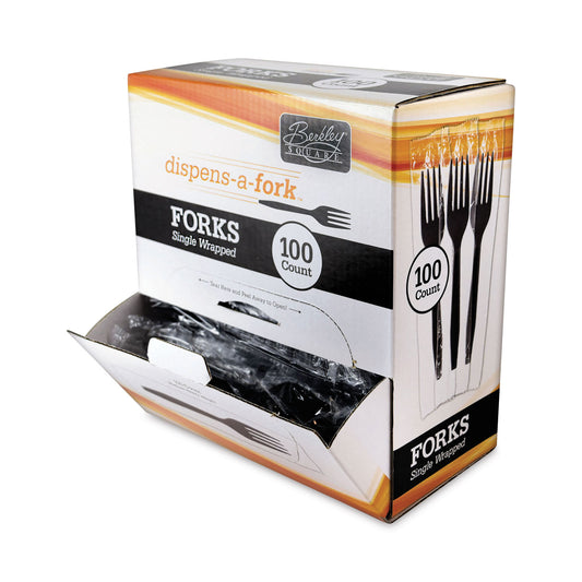 Berkley Square Dispens-a-Fork, Individually Wrapped, Mediumweight, Plastic, Black, 100/Box (BEP90202)