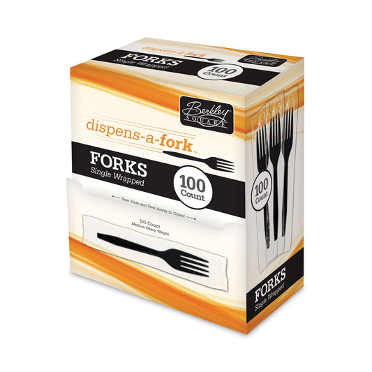 Berkley Square Dispens-a-Fork, Individually Wrapped, Mediumweight, Plastic, Black, 100/Box (BEP90202)