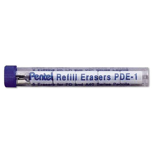 Eraser Refills for Pentel Champ, e-sharp, Jolt, Icy and Quicker Clicker Pencils, Cylindrical Rod, White, 5/Tube (PDE1)