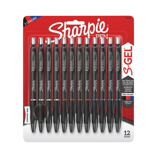 Sharpie S-Gel High-Performance Gel Pen, Retractable, Medium 0.7 mm, Assorted Ink Colors, Black Barrel, Dozen (2096153)