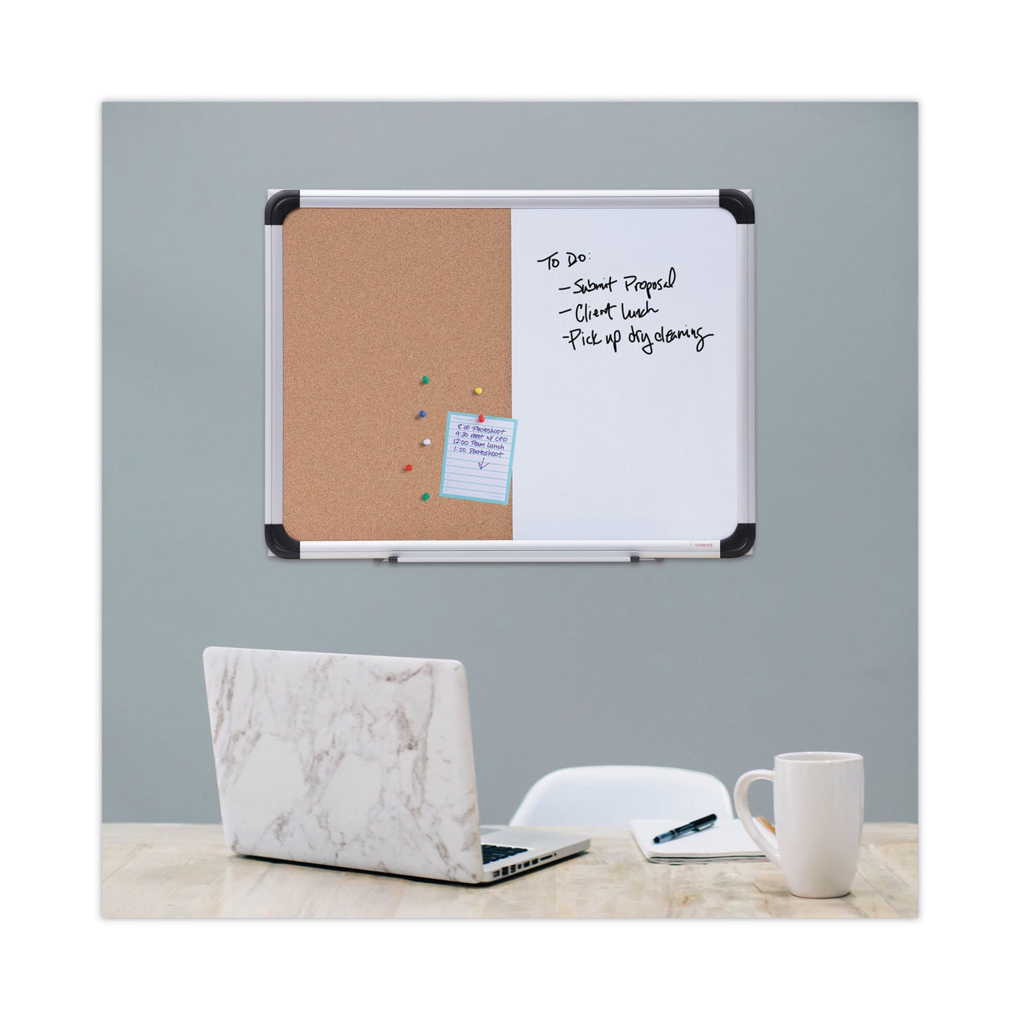 Universal Cork/Dry Erase Board, Melamine, 24 x 18, Tan/White Surface, Gray/Black Aluminum/Plastic Frame (43742)