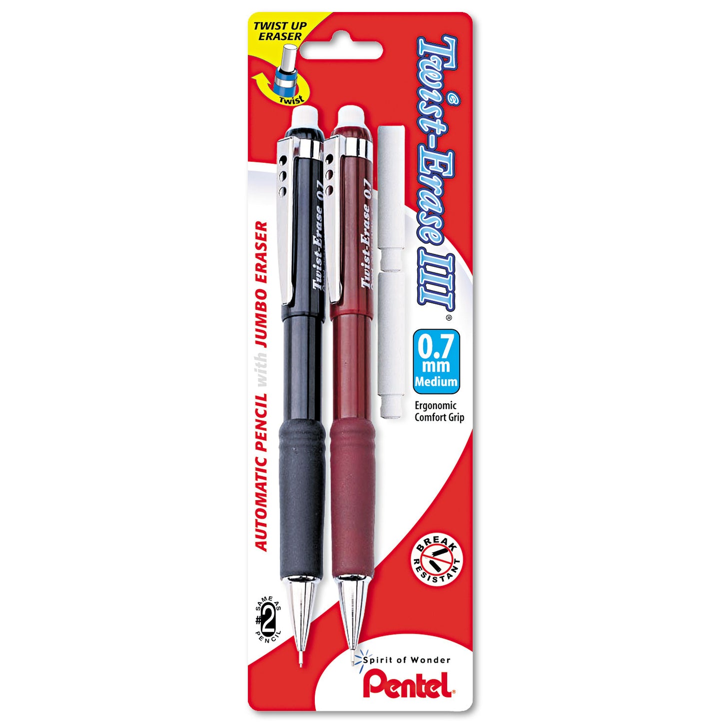 Pentel Twist-Erase III Mechanical Pencil, 0.7 mm, HB (#2), Black Lead, Assorted Barrel Colors, 2/Pack (QE517BP2K6)