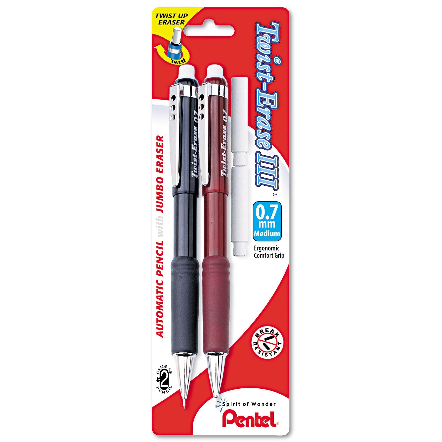 Pentel Twist-Erase III Mechanical Pencil, 0.7 mm, HB (#2), Black Lead, Assorted Barrel Colors, 2/Pack (QE517BP2K6)