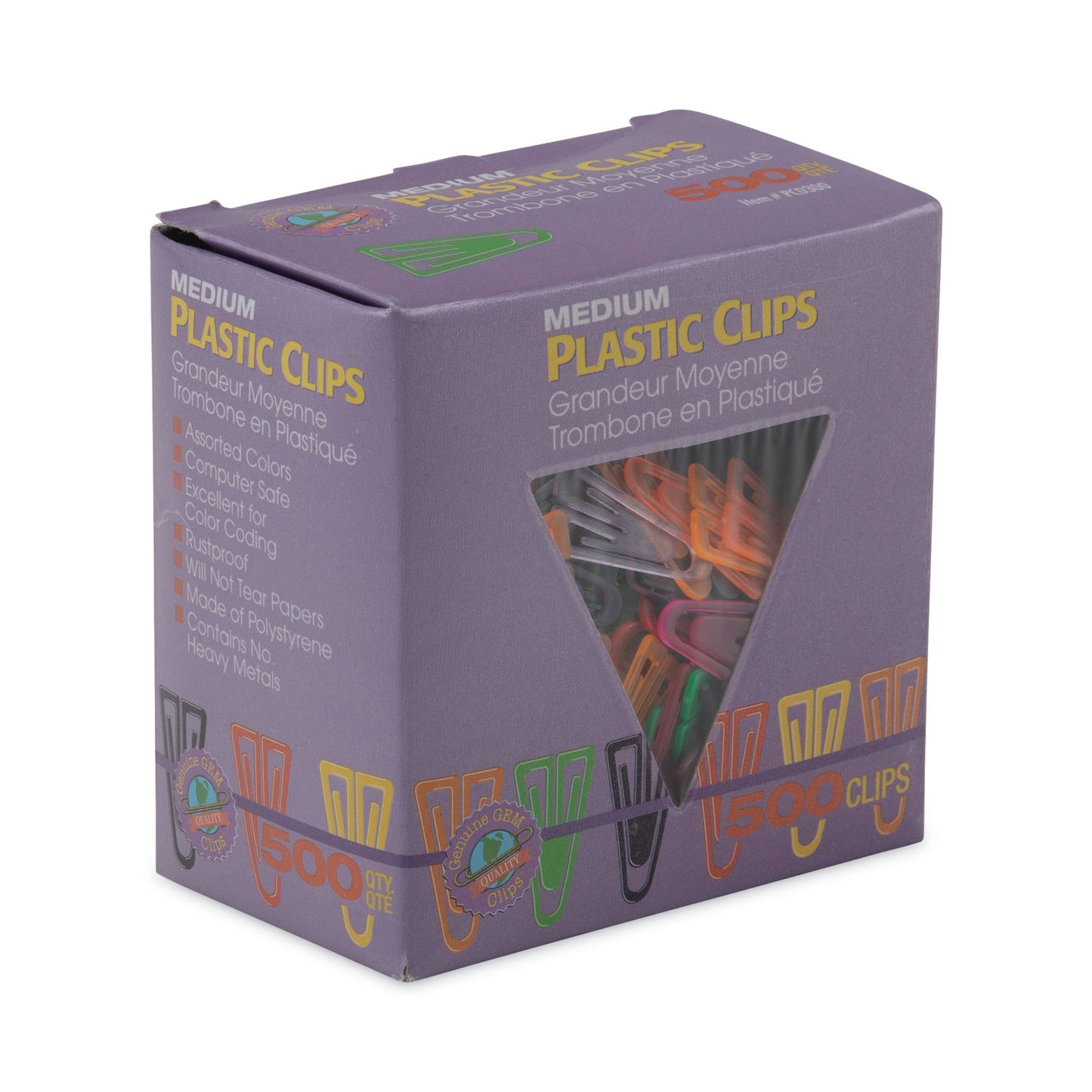 GEM Plastic Paper Clips, Medium, Smooth, Assorted Colors, 500/Box (PC0300)