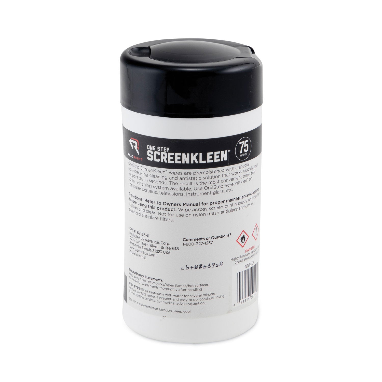 Read Right OneStep CRT Screen Cleaner Wet Wipes, Cloth, 5.25 x 5.75, Unscented, 75/Tub (RR1409)