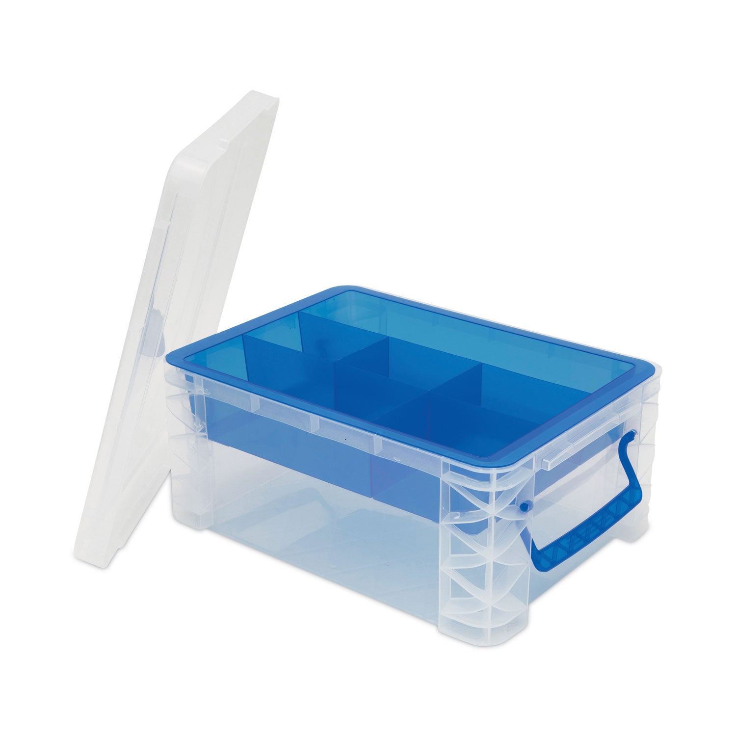 Advantus Super Stacker Divided Storage Box, 6 Sections, 10.38" x 14.25" x 6.5", Clear/Blue (37371)