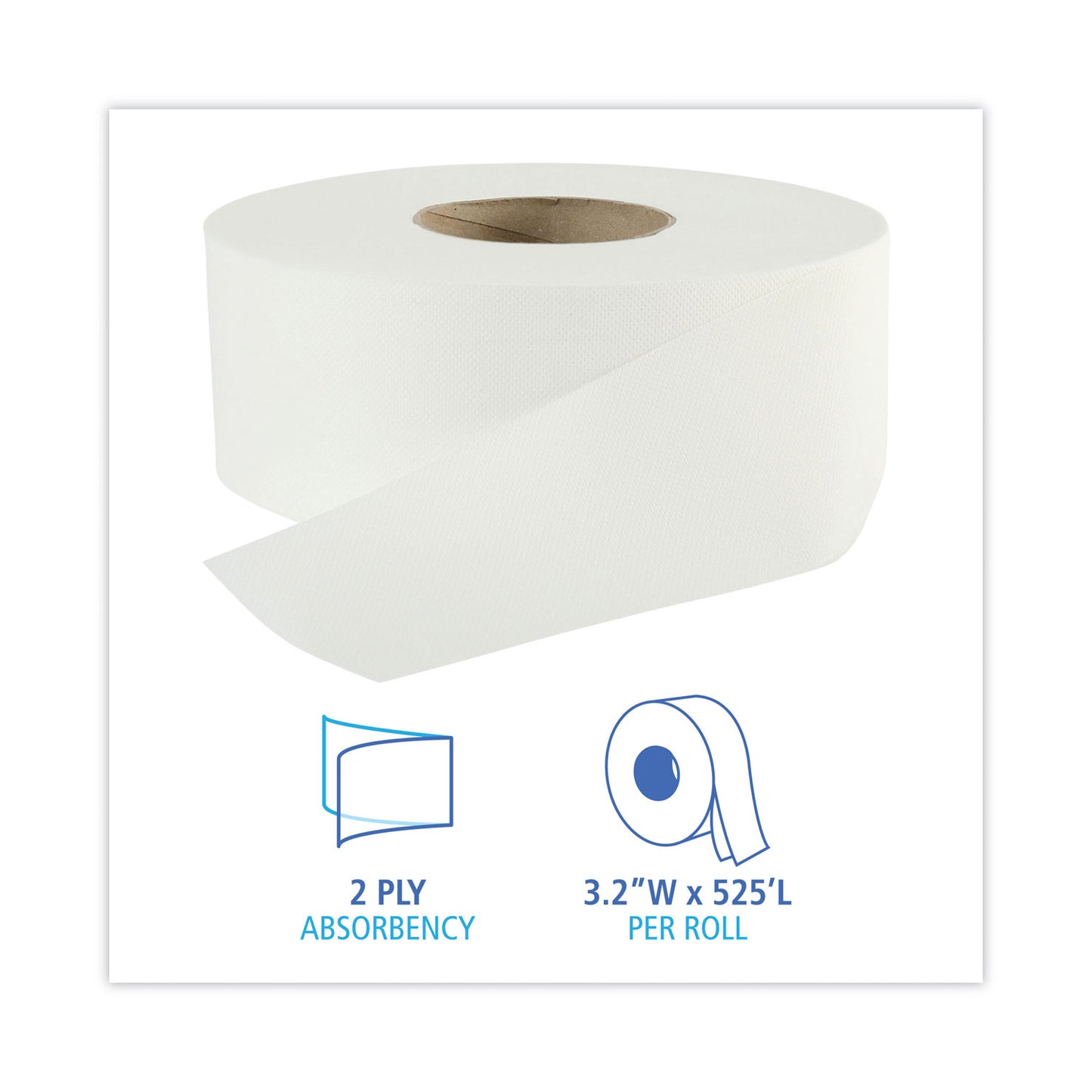 Boardwalk Jumbo Roll Bathroom Tissue, Septic Safe, 2-Ply, White, 3.2" x 525 ft, 12 Rolls/Carton (410320)