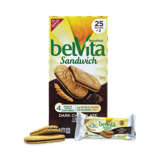 Nabisco belVita Breakfast Biscuits, Dark Chocolate Creme Breakfast Sandwich, 1.76 oz Pack, 25 Packs/Carton (22000570)