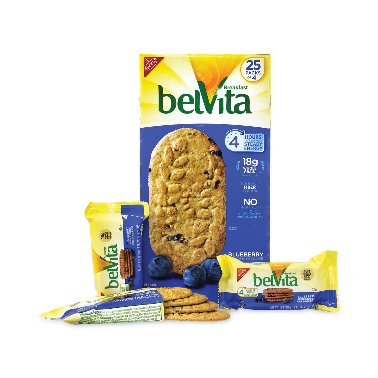 Nabisco belVita Breakfast Biscuits, Blueberry, 1.76 oz Pack, 25 Packs/Carton (22000506)