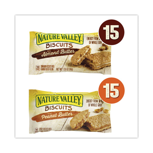 Nature Valley Biscuits, Cinnamon with Almond Butter/Honey with Peanut Butter, 1.35 oz Pouch, 30/Carton (22001046)