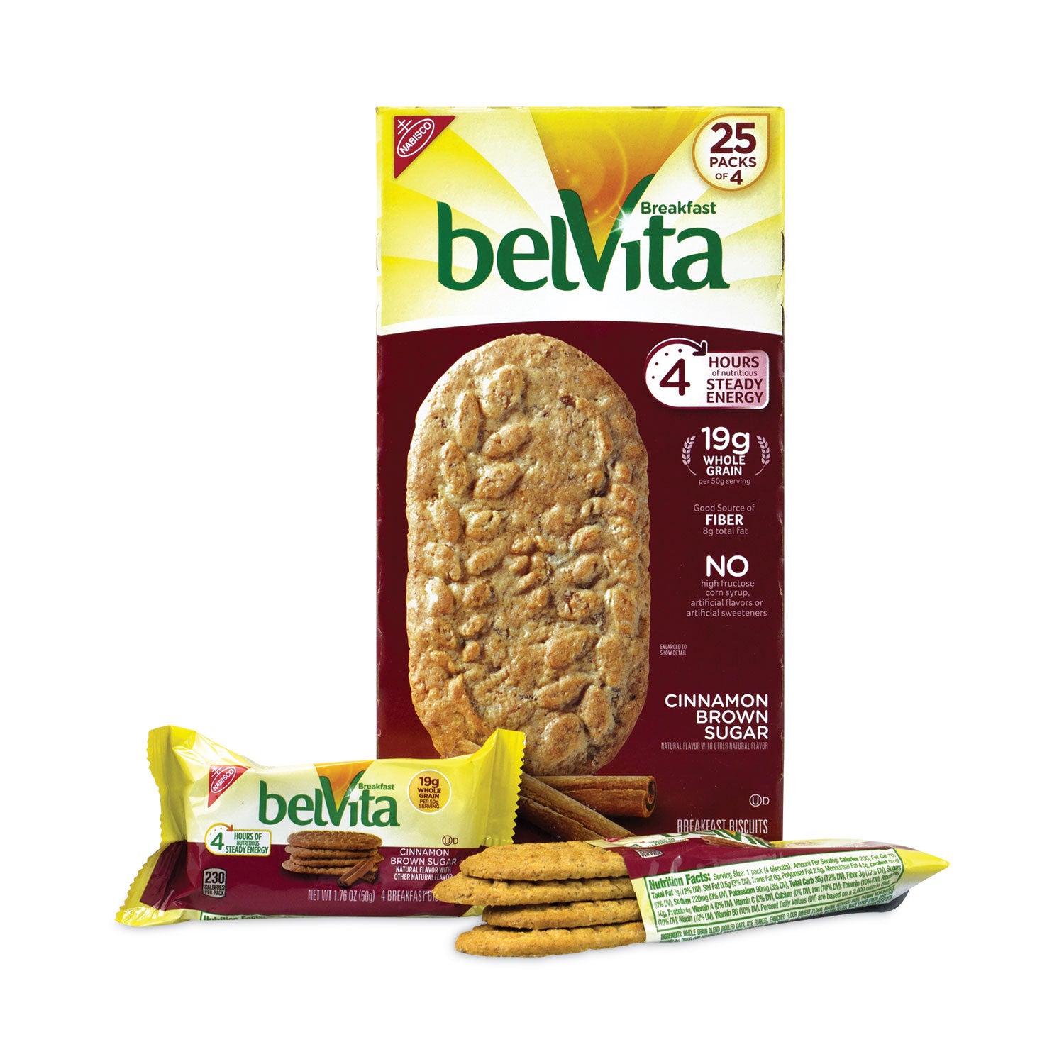 Nabisco belVita Breakfast Biscuits, Cinnamon Brown Sugar, 1.76 oz Pack, 25 Packs/Carton (22000507)