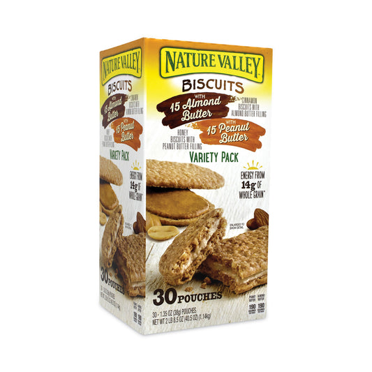 Nature Valley Biscuits, Cinnamon with Almond Butter/Honey with Peanut Butter, 1.35 oz Pouch, 30/Carton (22001046)