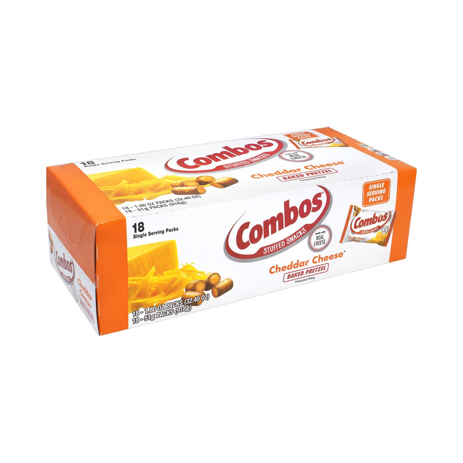 Combos Baked Snacks, 1.8 oz Bag, Cheddar Cheese Pretzel, 18 Bags/Carton (20900409)