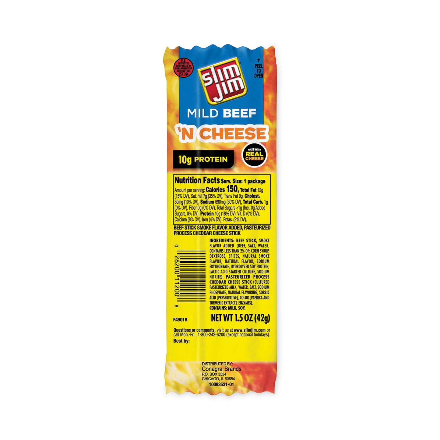 Slim Jim Beef and Cheese Meat Sticks, 1.5 oz, 18/Carton (20900656)